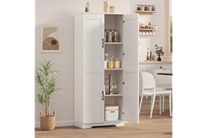 IDEALHOUSE Tall Pantry Cabinet, 60" Kitchen Pantry Storage Cabinet with 2 Doors and Adjustable Shelves, Freestanding Kitchen Cabinet, Cupboard for Dining Room, Bathroom, Reto White