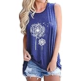 OUNAR Womens Crew Neck Tank Tops Summer Dandelion Floral Print Top Casual Side Split Tanks Cami Shirts