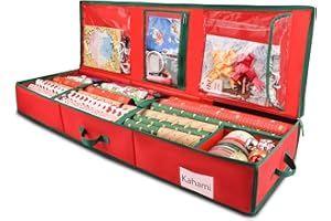 Kahami Wrapping Paper Organizer Storage, Wrap Storage Container with Flexible Divider 3 Pockets, Gift Bag Storage Fits Up to 24 40" Rolls, Wrapping Supplies, Ornaments and Bows