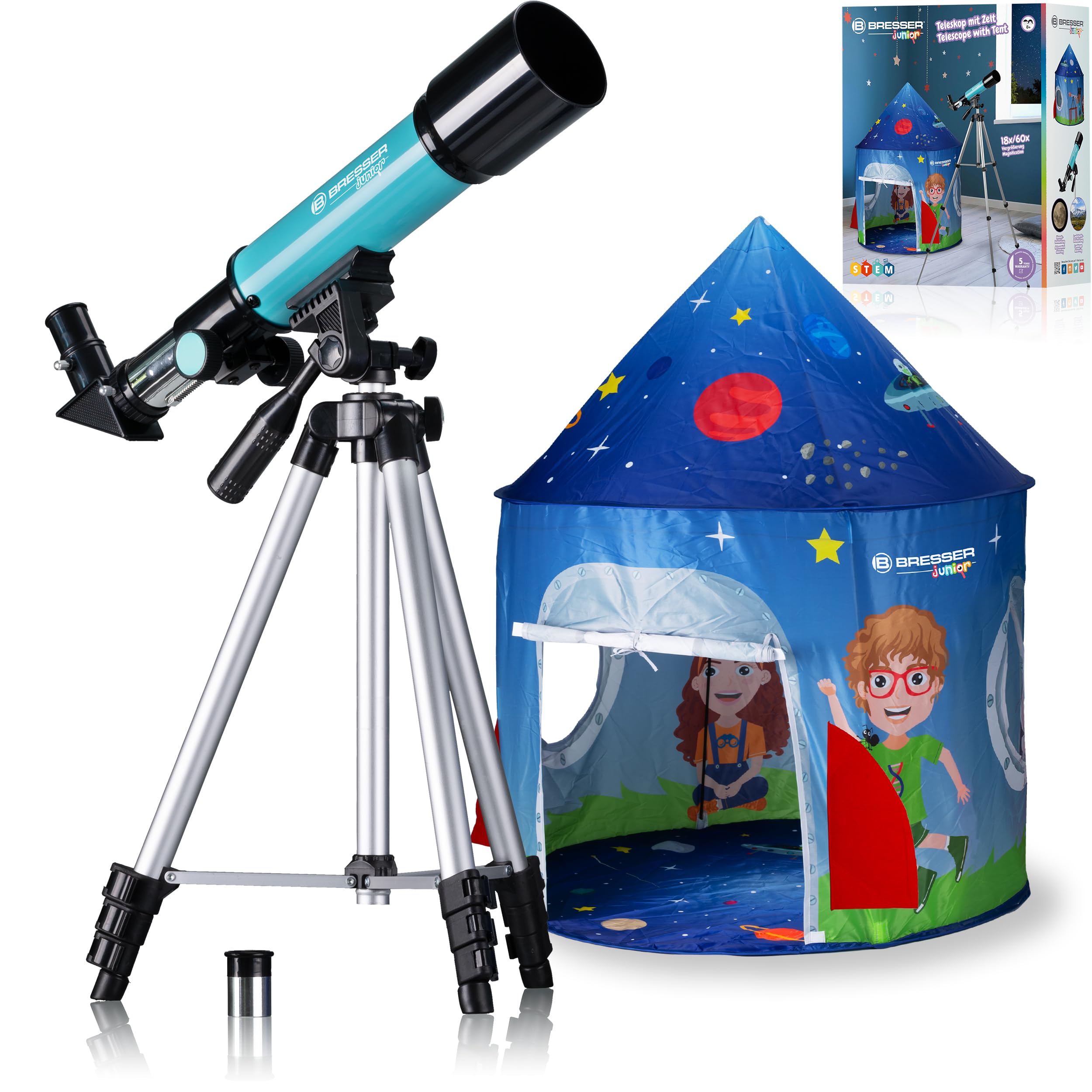 Bresser Télescope Lenticulaire Junior 50/360 Pour Enfants - Kit D'Astronomie Pour Débutant Avec Tente, Réfracteur, Trépied, Montage Azimutal, Oculaires Et Miroir Zénith - Bleu
