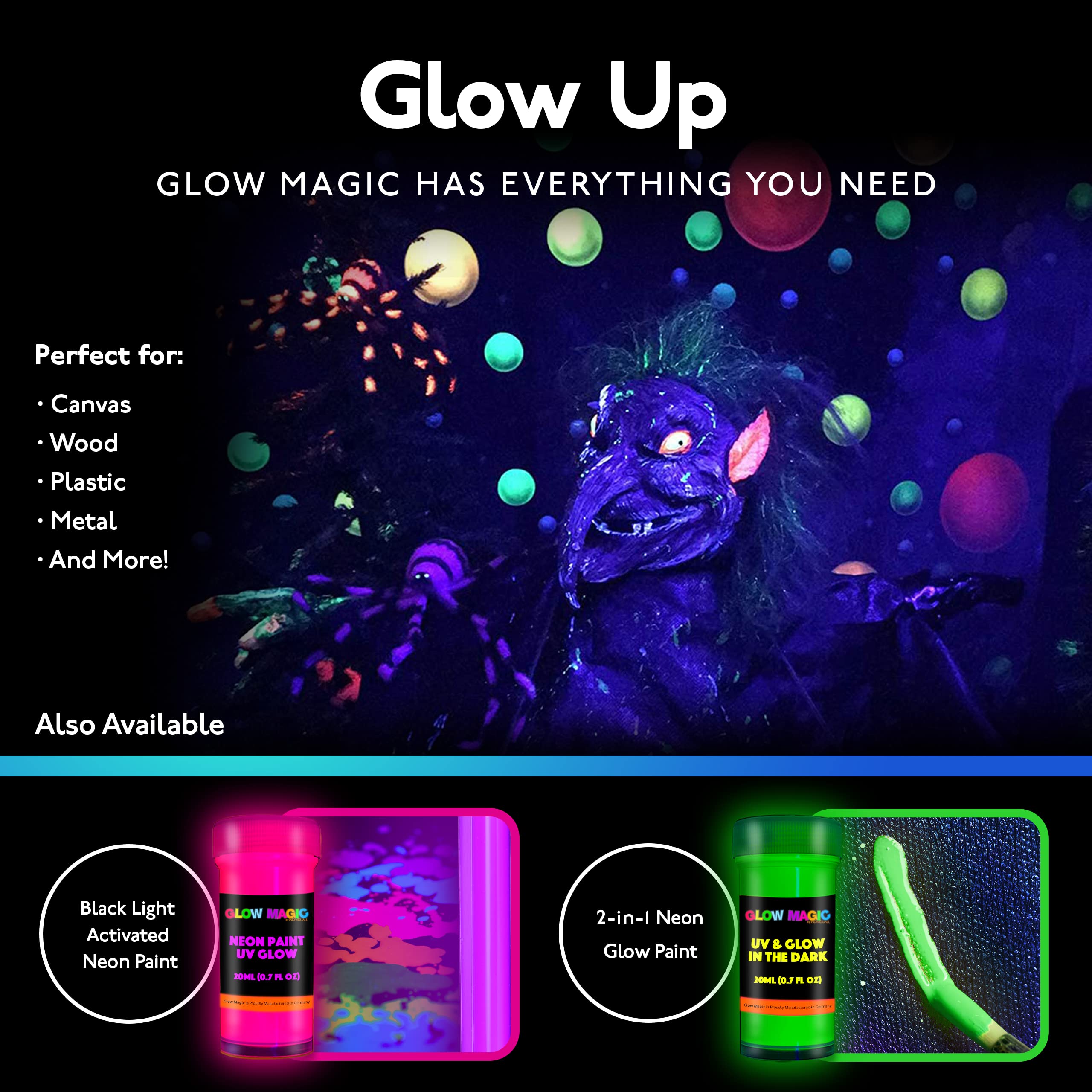 individuall Glow in the Dark Paint - Set of 8, 20 mL Reflective Acrylic Paints for Outdoor and Indoor Use on Canvas, Walls and Ornament Painting - Phosphorescent, Easter Egg Painting Decoration