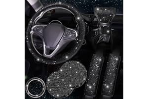 ToBeQueen 7 Pack Black Bling Car Accessories Set,Crystal Diamond Car Accessories for Women Girl 15 inch,Seat Belt Covers,Bling Gear Shift Cover,Push Start Button Ring,Bling Car Coaster,Black
