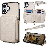 Keallce Case for iPhone 16 6.1'' Case Wallet, Crossbody Zipper Purse with RFID Blocking Card Slots Kickstand, Detachable Lanyard & Handstrap Flip Folio Leather iPhone Cover for iPhone 16, Beige