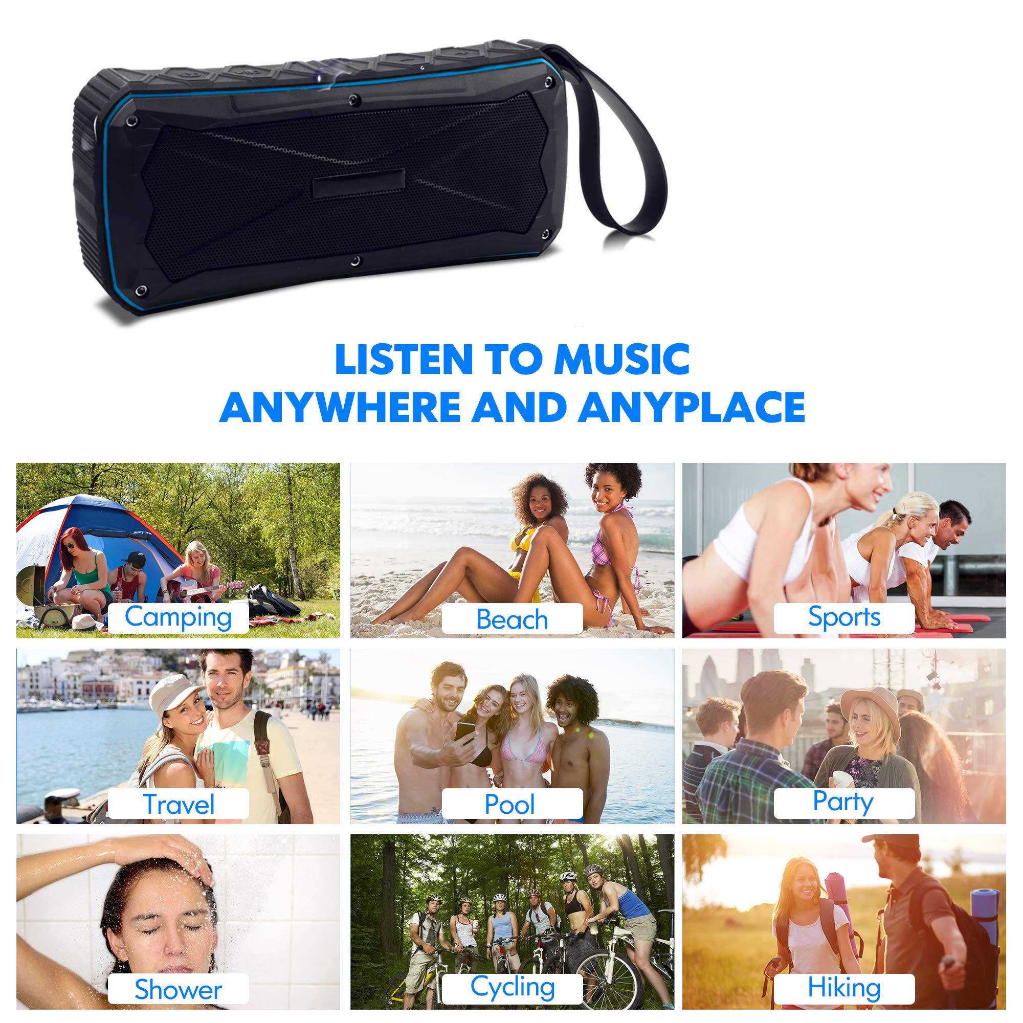Portable Bluetooth Speaker Waterproof IP67,20W Stereo Pairing,12H Playtime Enhanced Bass Wireless Outdoor Speakers with Built-in Mic and Power Bank for Party,Travel,Camping,Beach,Shower (Blue)