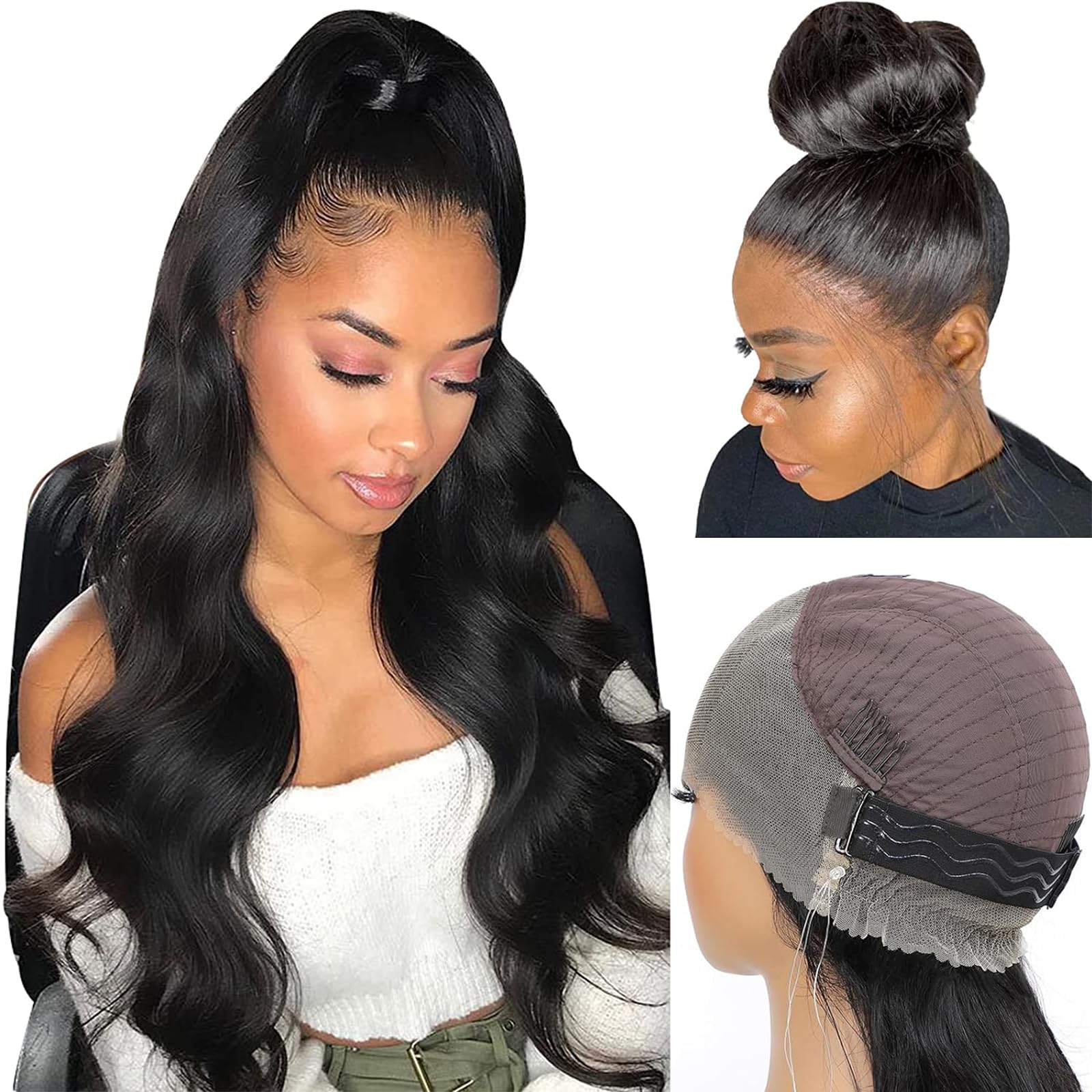 18 Inch Hidden Strap Snug Fit 360 Human Hair Wig With Drawstring Invisible Strap Pre Plucked Pre Cut 200 Density Body Wave Glueless 360 Frontal Wig Human Hair For Black Women Can Make Ponytail & Bun — image 1