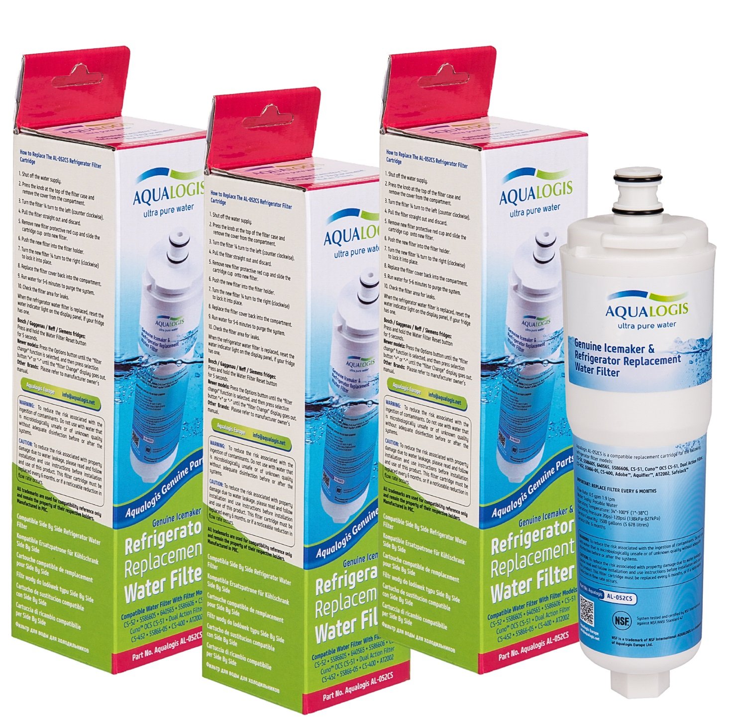 3 x AL-052CS Compatible with CS-52 640565 5586605 Fridge Water Filter for Bosch Siemens Neff