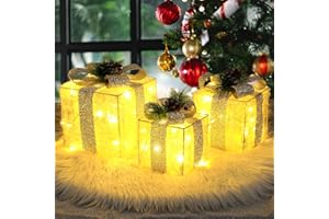 Christmas Decorations - TRWYMZ Set of 3 Christmas Light up Present Boxes Ornament,Outdoor Present Gift Boxes for Weddings Holiday Indoor Xmas Tree Decor (Plush Fur Warm White)