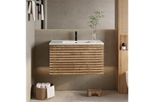 eclife 36" Floating Bathroom Vanity with Sink Combo Mid-Century Wall Mounted Cabinet with Wood Stripes Decor, Drawers, Undermount Sink, Faucet, Drain, Light Walnut