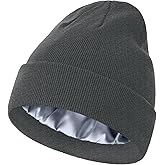 ROYBENS Satin Lined Beanie, 100% Cotton Beanies Hats for Men Women, Slouchy Knit Cuffed Winter Warm Soft Skull Cap Hat