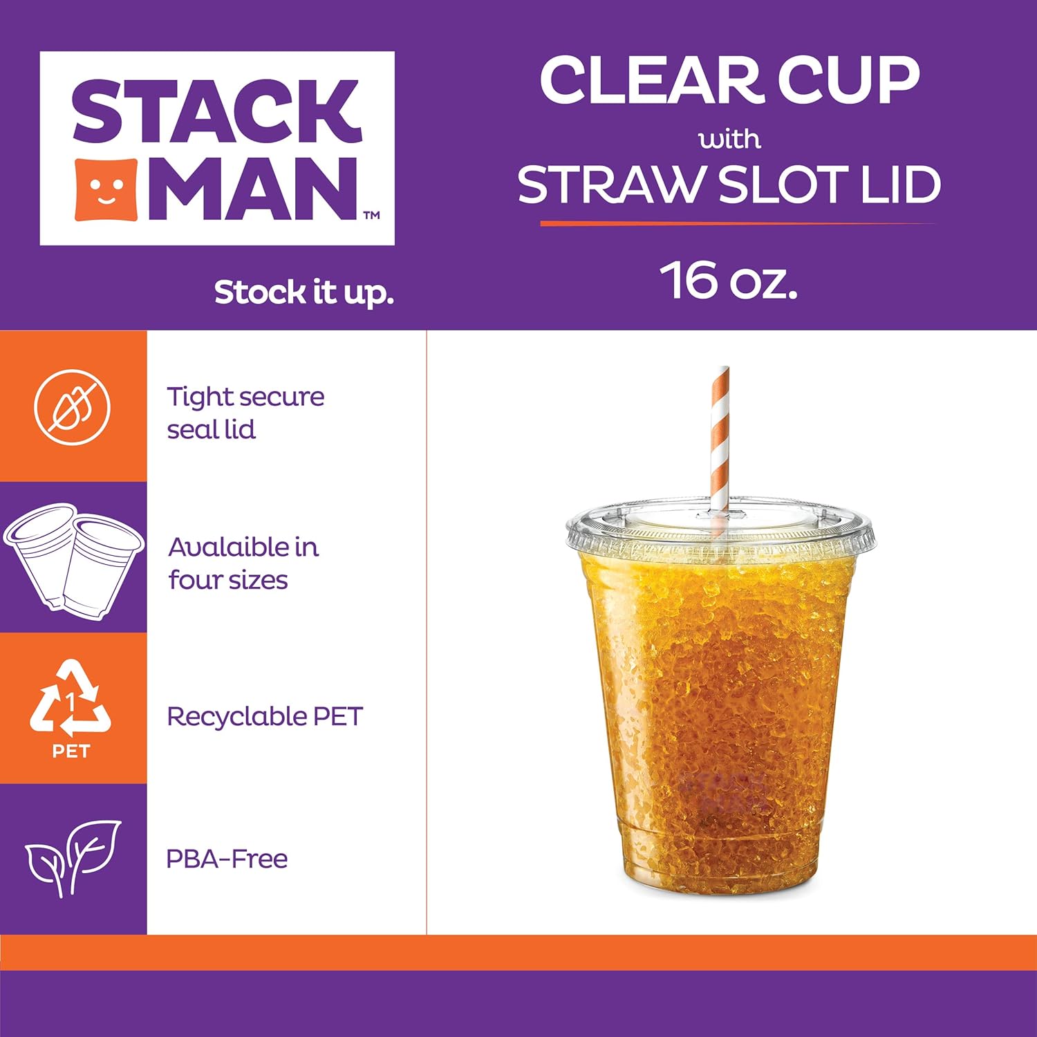 Stack Man [100 Sets - 16 oz.] Clear Plastic Cups with Straw Slot Lid, PET Crystal Clear Disposable 16oz Plastic Cups with lids: Kitchen & Dining