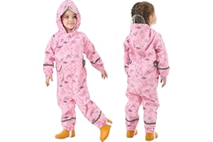 Fewlby Kids Rain Suit Toddler Girls Raincoats One Piece Hoodie Cartoon Rain Gear Coverall Waterproof Rainwear