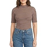 Zengjo Women‘s Striped Shirt Mock Neck Elbow Length Slim Fitted Short Sleeve Ribbed Turtleneck Tops