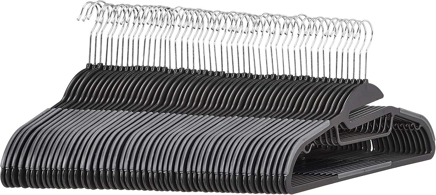 Amazon Basics Non-Slip Heavy Duty Plastic Hanger with Rubber and Horizontal Bar, Grey (50-Pack), 50 Pack