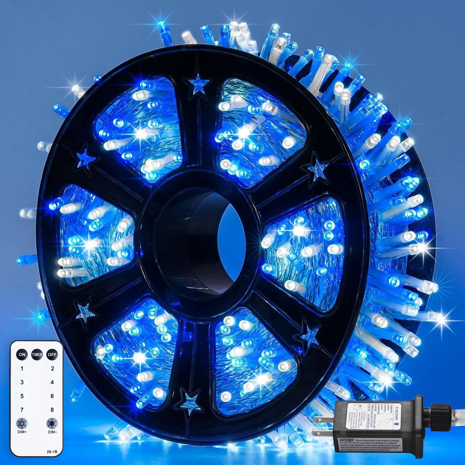 JMEXSUSS 500 LED Blue and White Christmas Lights, 8 Modes 163ft String Lights Plug in with Remote Control, Clear Wire Christmas String Lights Outdoor Waterproof for Outside Tree Yard Wedding Image