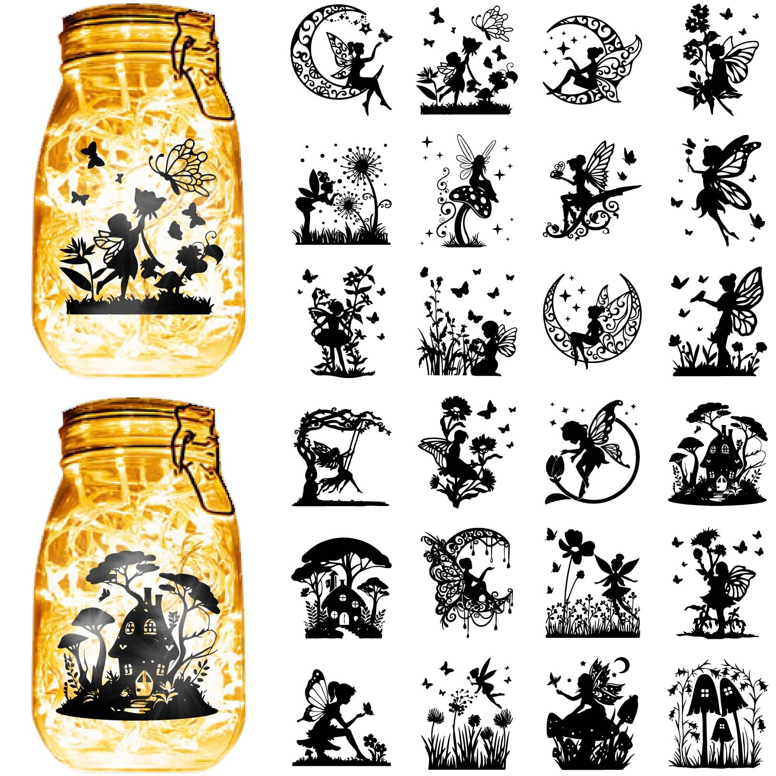CREATCABIN 24Pcs Fairy Angel Silhouettes Mason Jar Decor Butterfly Moon Laser Cut Cardboard Scrapbook Cutouts Die Cuts PVC for Crafting Lantern Jars Wall Painting Windows Glass 3.9x3.5Inch-No Sticker