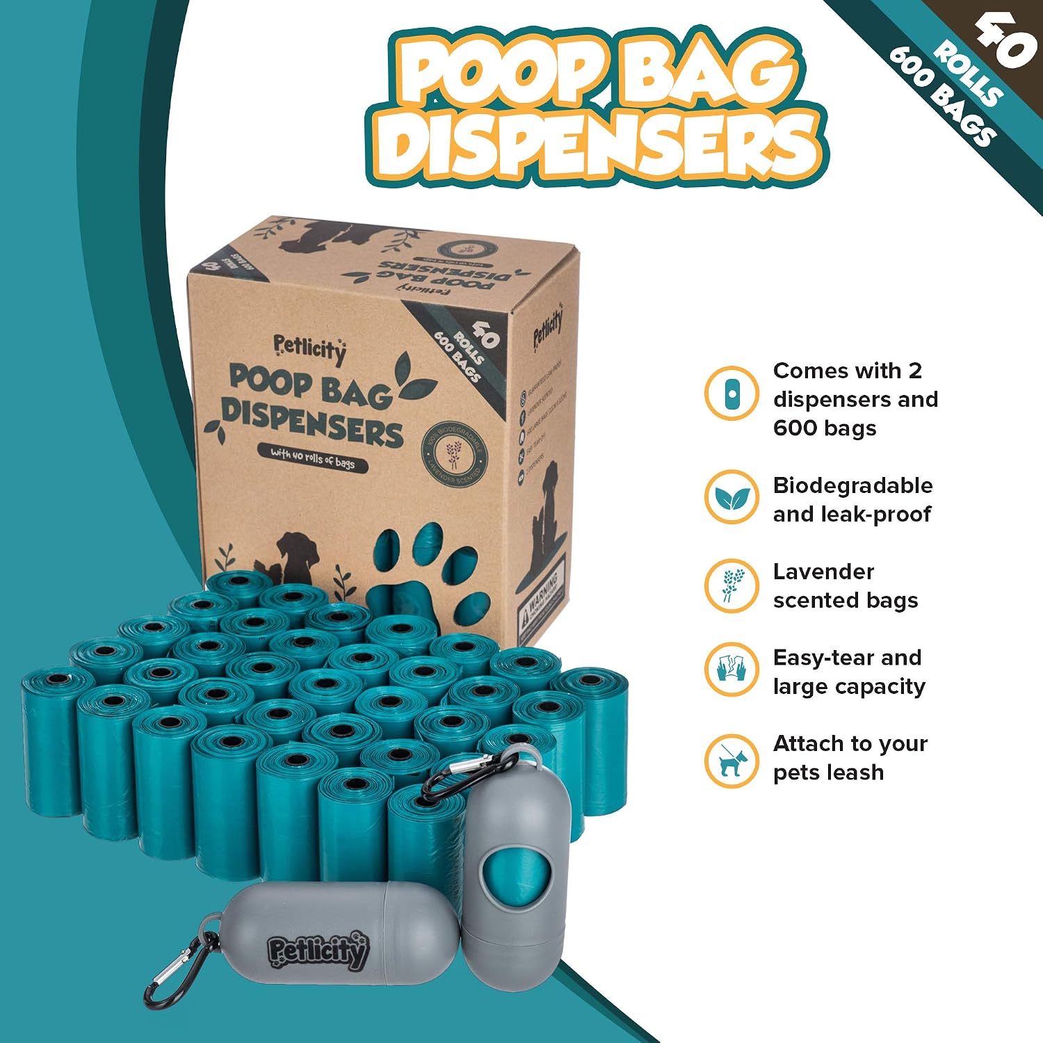 Petlicity Dog Poop Bags Dispenser with 600 Compostable Dog Poo Bags, Biodegradable Poo Bags Dogs - Image 3