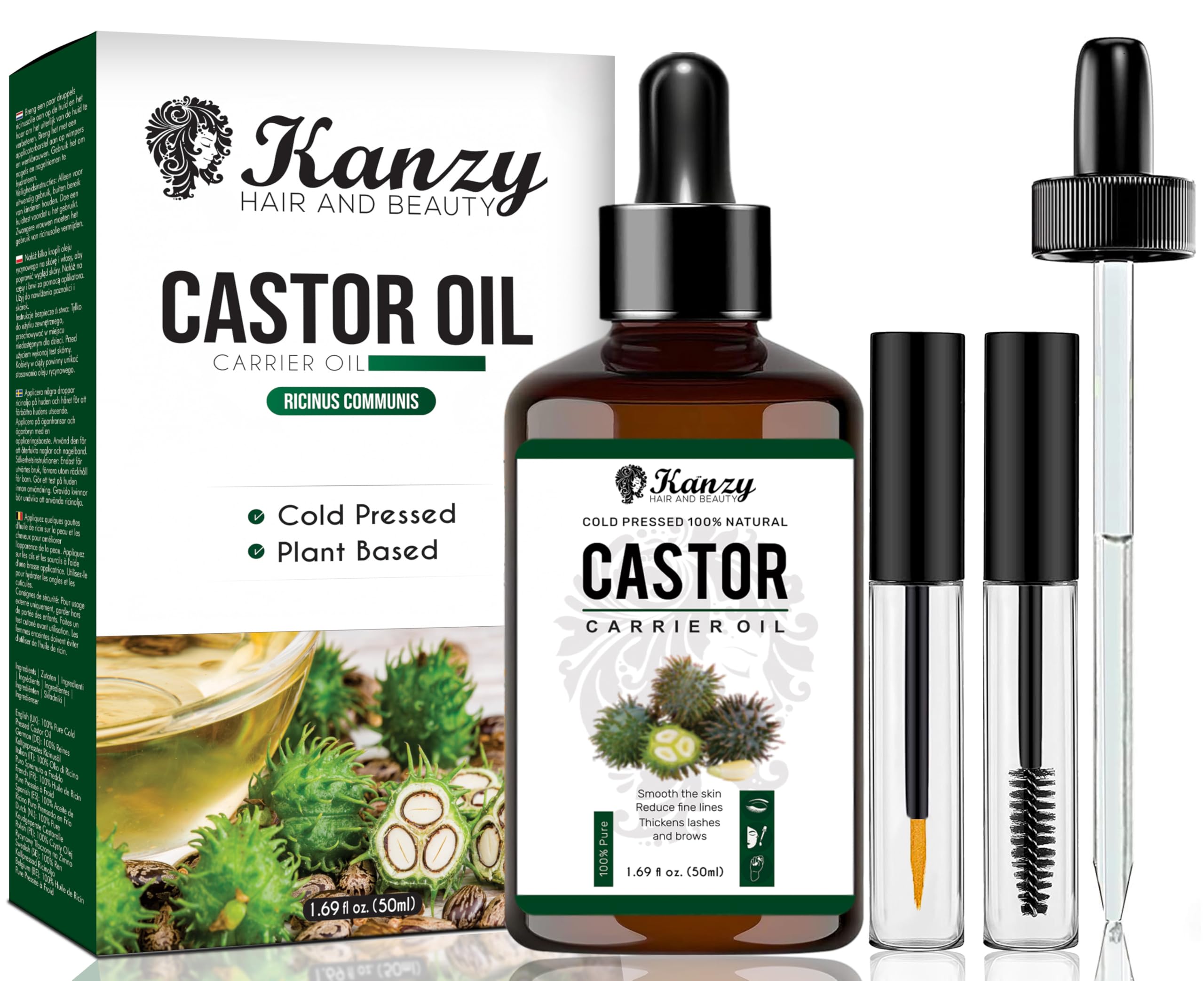 Kanzy Castor Oil for Eyelashes and Eyebrows 50ml Cold Pressed for Hair Growth 100% Natural and Pure with Brushes for Hair, Beard, Nails, and Skin