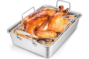 LIANYU 16 Inch Roasting Pan, Large Turkey Roaster with V-Shaped Rack and Baking Rack, Heavy Duty Stainless Steel Deep Broiling Lasagna Pan with Handle for Chicken, Dishwasher Safe