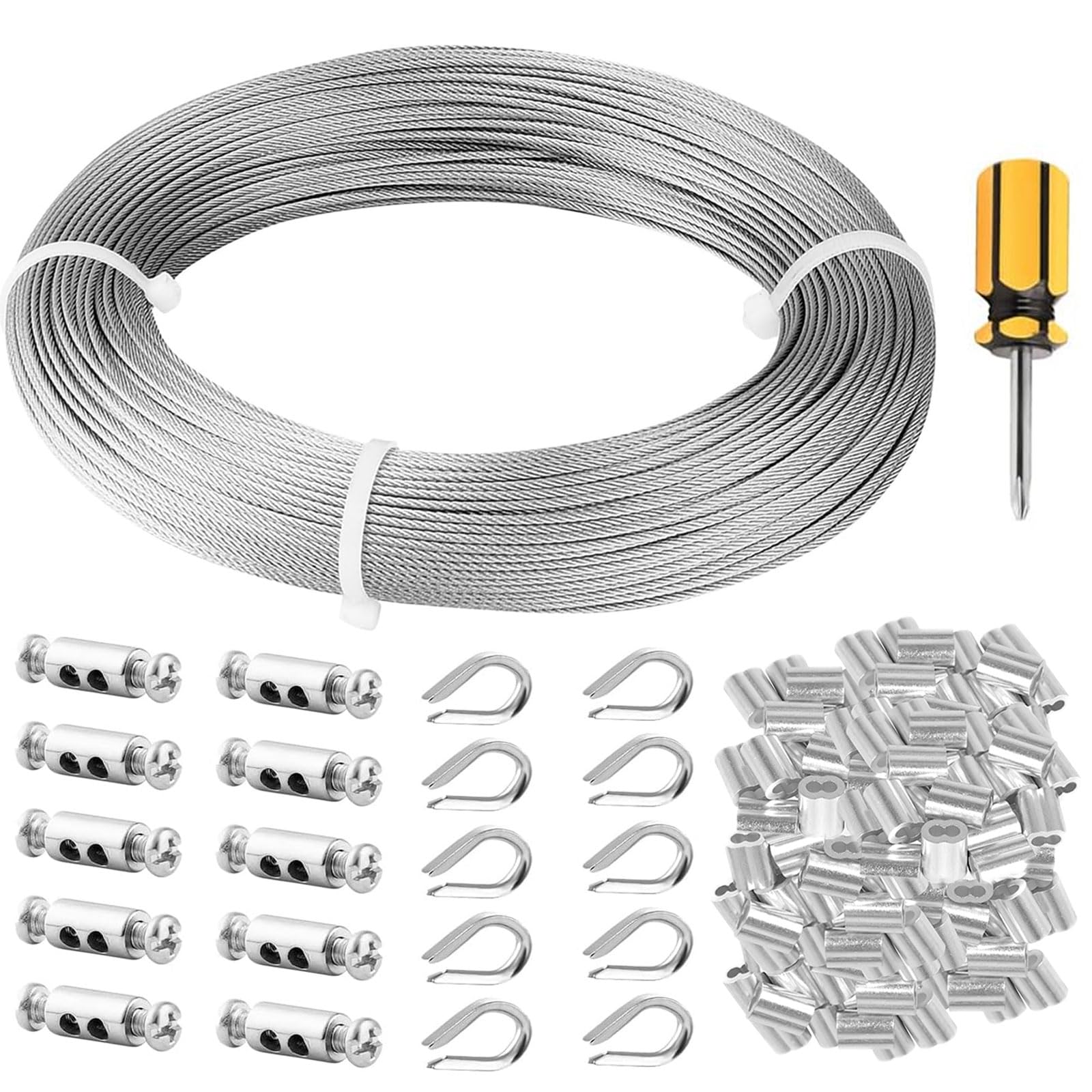 Wire Rope Kit, 100M/1.5mm Stainless Steel Wire Rope Cable, 7x7 Strands Steel Cable with Thimble & Clamps, for Garden/Fence Wire, String Hanging, Curtain Wire, DIY