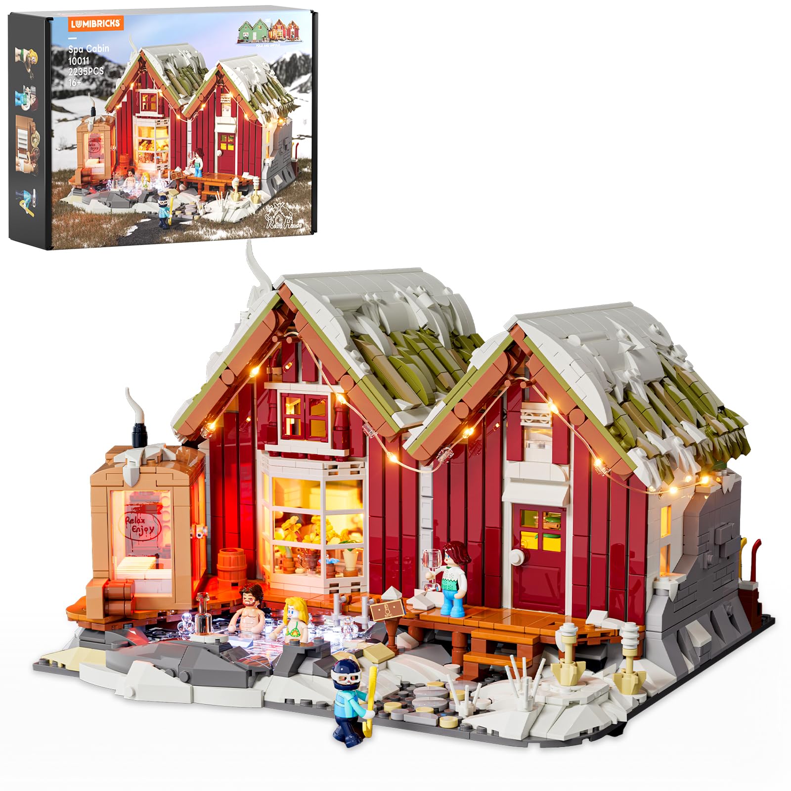Photo 1 of LUMIBRICKS Spa-Cabin Winter Lighting-Building-Bricks Set - 2235 Pcs Christmas House Winter Lodge LED Light Construction Building Christmas Village Model Set for Adults and Families