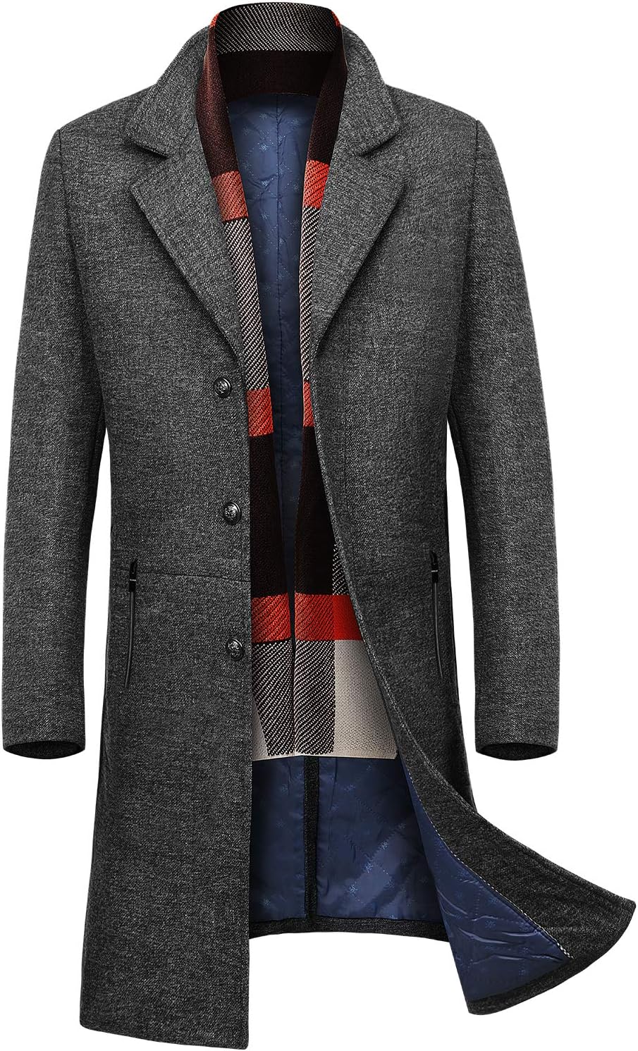 Men's Slim Fit Winter Warm Short/Long Woolen Coat Business Jacket with Free Detachable Soft Touch Wool Scarf