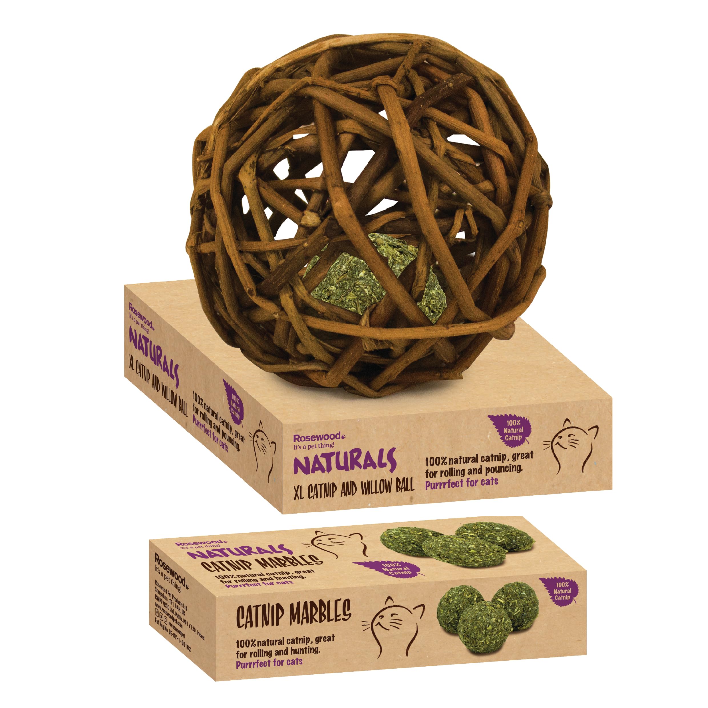 Rosewood Naturals Catnip Bundle for Cats - Includes Natural Catnip Marbles and XL Willow Ball, Promotes Play, Exercise and Healthy Activity for Indoor and Outdoor Cats