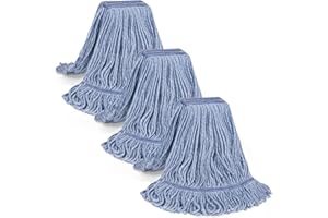 DRKLEAN 3 Pack Heavy Duty Commercial Mop Head Replacement, Wet Industrial Cotton Looped End String Cleaning Mop Head Refill,Highly Absorbent,Commercial Mop Head Replacement (Blue 3 Pack)