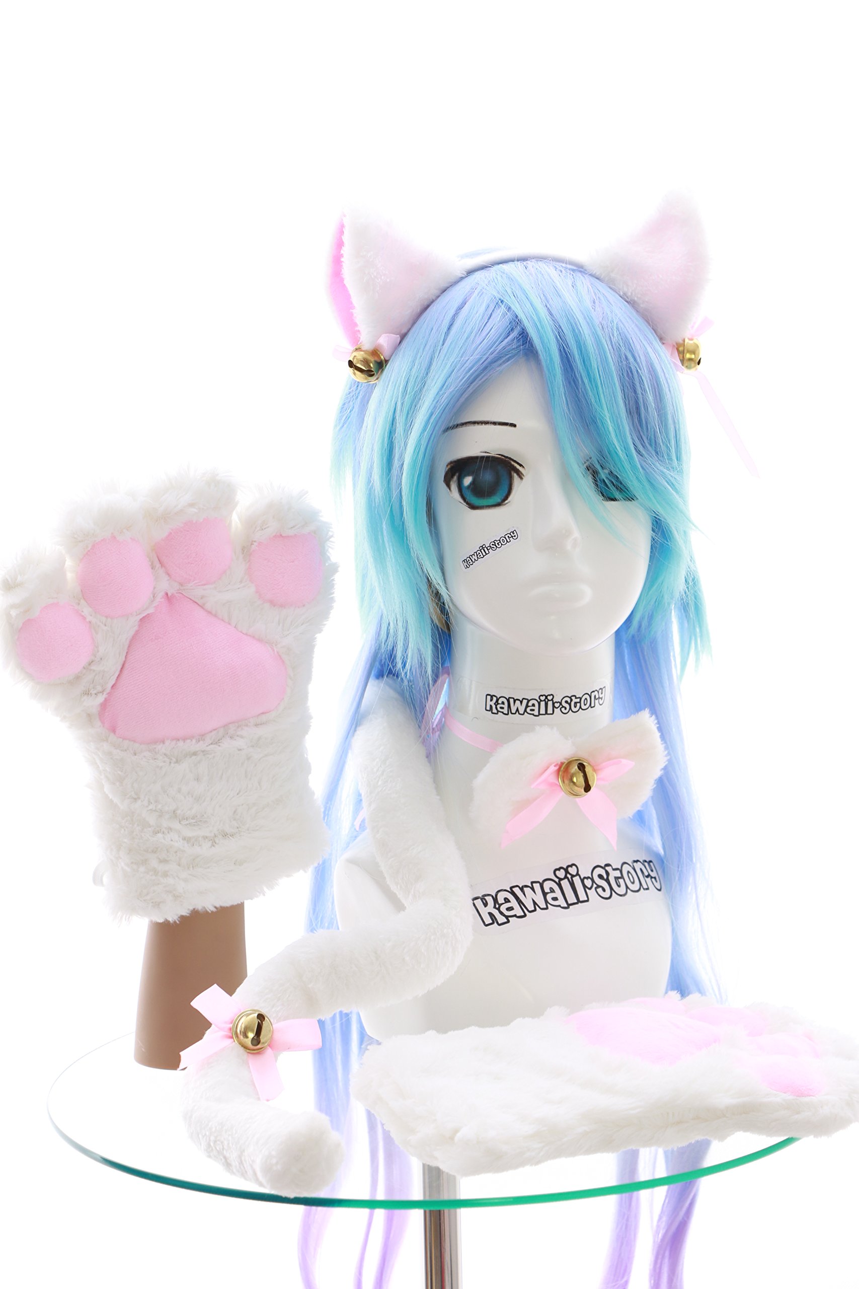 C-20 White Cat Paw Gloves Ears Tail Collar Hairband Set Lolita Maid Cosplay