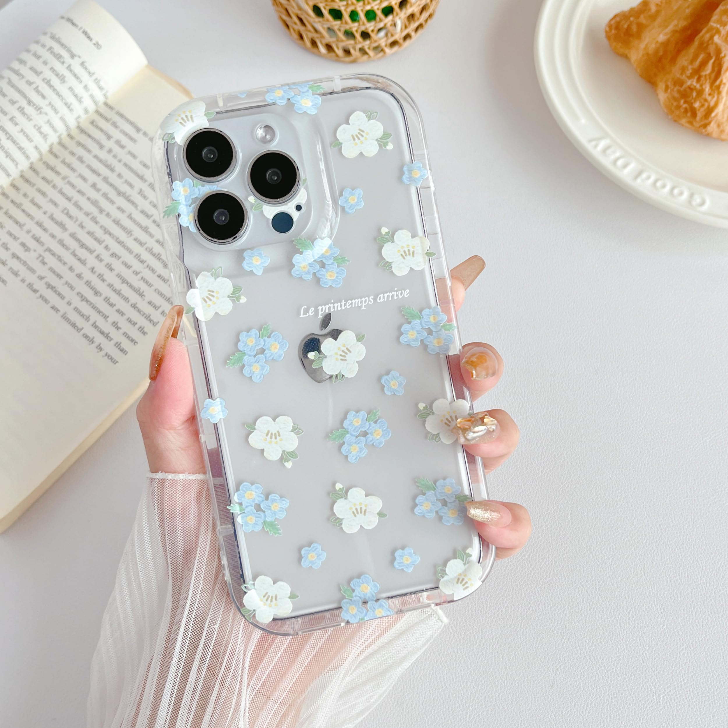 RALEAVO Floral Case for iPhone 15 Pro Max, Cute Clear Flower Aesthetic Phone Case for Girls Women, Silicone Shockproof TPU Protective Bumper Cover for iPhone 15 Pro Max 6.7 inch-Blue