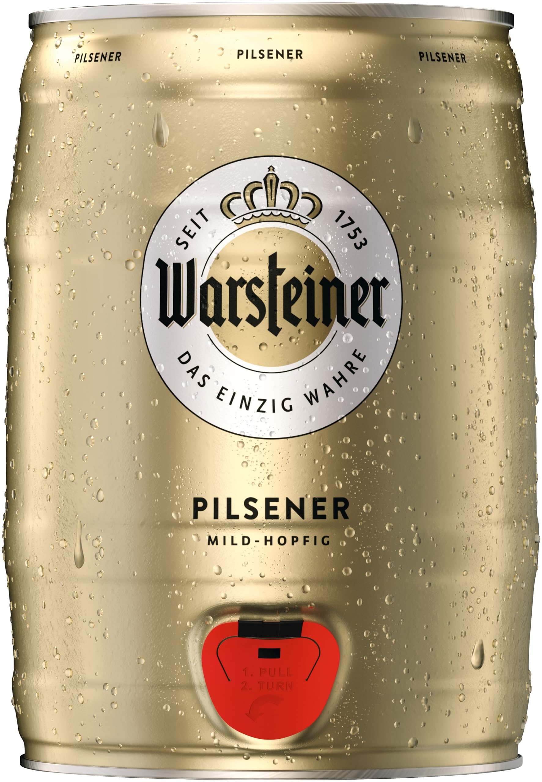 Warsteiner Premium Pilsener 5 L Bierfass mit Zapfhahn, mild süffiges Pils im Partyfass, Pfandfrei (1 x 5 l Partyfass)