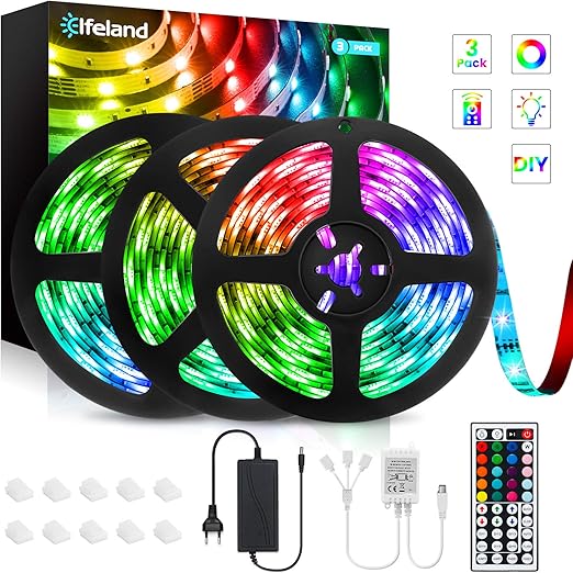 tiras de luces led elfeland tira led multicolor y regulable 5050 rgb 12m 3x4m iluminacion con 12v 360leds control remoto de 44 botones tira led para