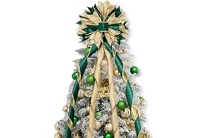 Hismir Christmas Tree Topper Bow, 53x13 Inches Large Christmas Bow with Glitter Streamer, Decorative Ribbon Bows for Xmas Tree Wreath Door Festival Home Decor(Green & Gold)