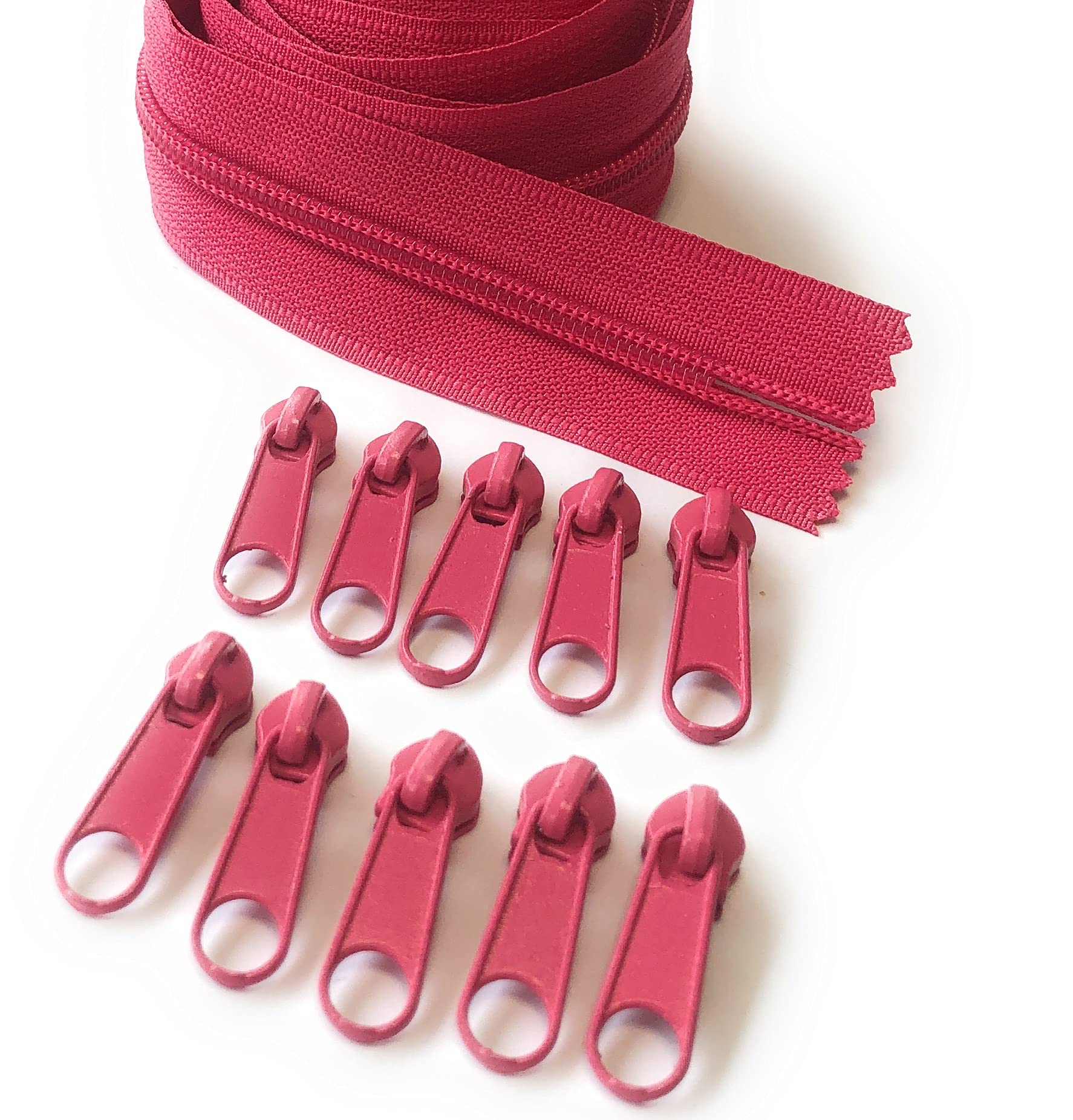 ADS Zipper Continuous Nylon No.5 Zip with Sliders #5 Chain Zipper on Roll with 10 Pullers (Pink (Cerise - 145), 196.8" - 5 metre)