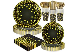 FIGHTING TO ACHIEVE Black and Gold Dots Paper Plates Set for 24 Guests, 168PCS Disposable Dinnerware Party Supplies Paper Plates Napkins Cups Gold Forks Knives Spoons for New Year Christmas Birthday Graduation Wedding