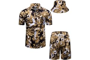 fohemr Mens Luxury Outfit Set Black Gold Shirts And Shorts 2 Piece Tracksuit Set Baroque Button Down Suit with Bucket Hats