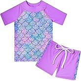 AIDEAONE Girls Rash Guard Swimsuit Short Sleeve Two Piece Bathing Suit Size 3-12T