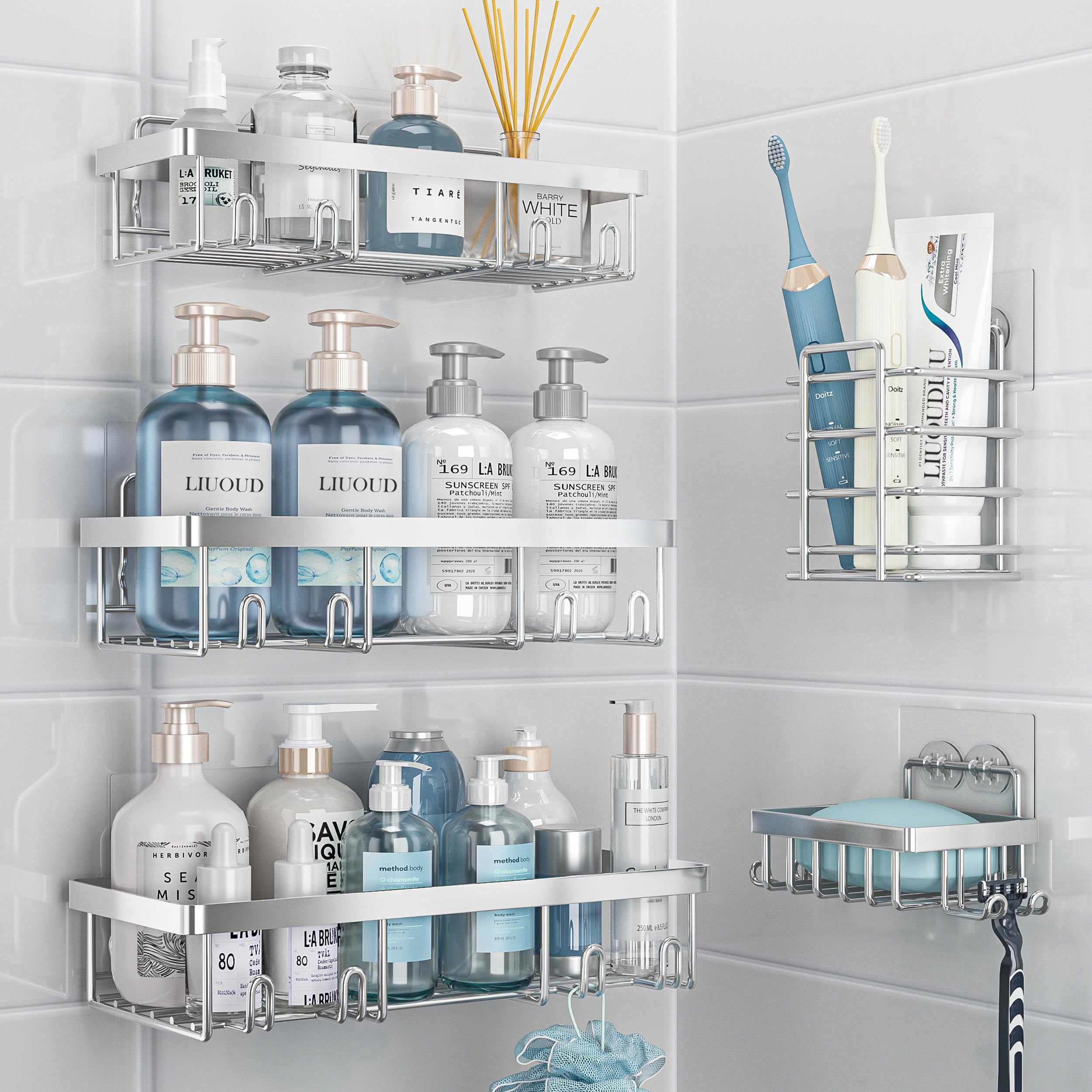 Photo 1 of Liuoud 5 Pack Shower Caddy Organizer Rack Shelf for Inside Shower, Self Adhesive Bathroom Wall Storage Basket Rustproof Stainless Steel Large Capacity Shampoo Holder, Silver