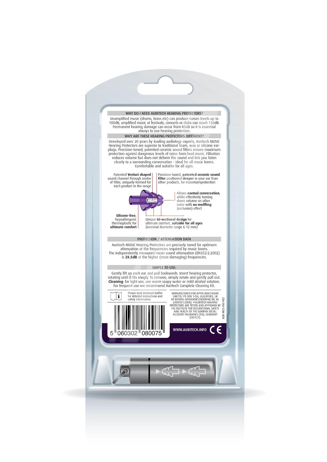 Auritech Music Earplugs- Intelligent Hearing Protection for music lovers, Purple, small - Image 3