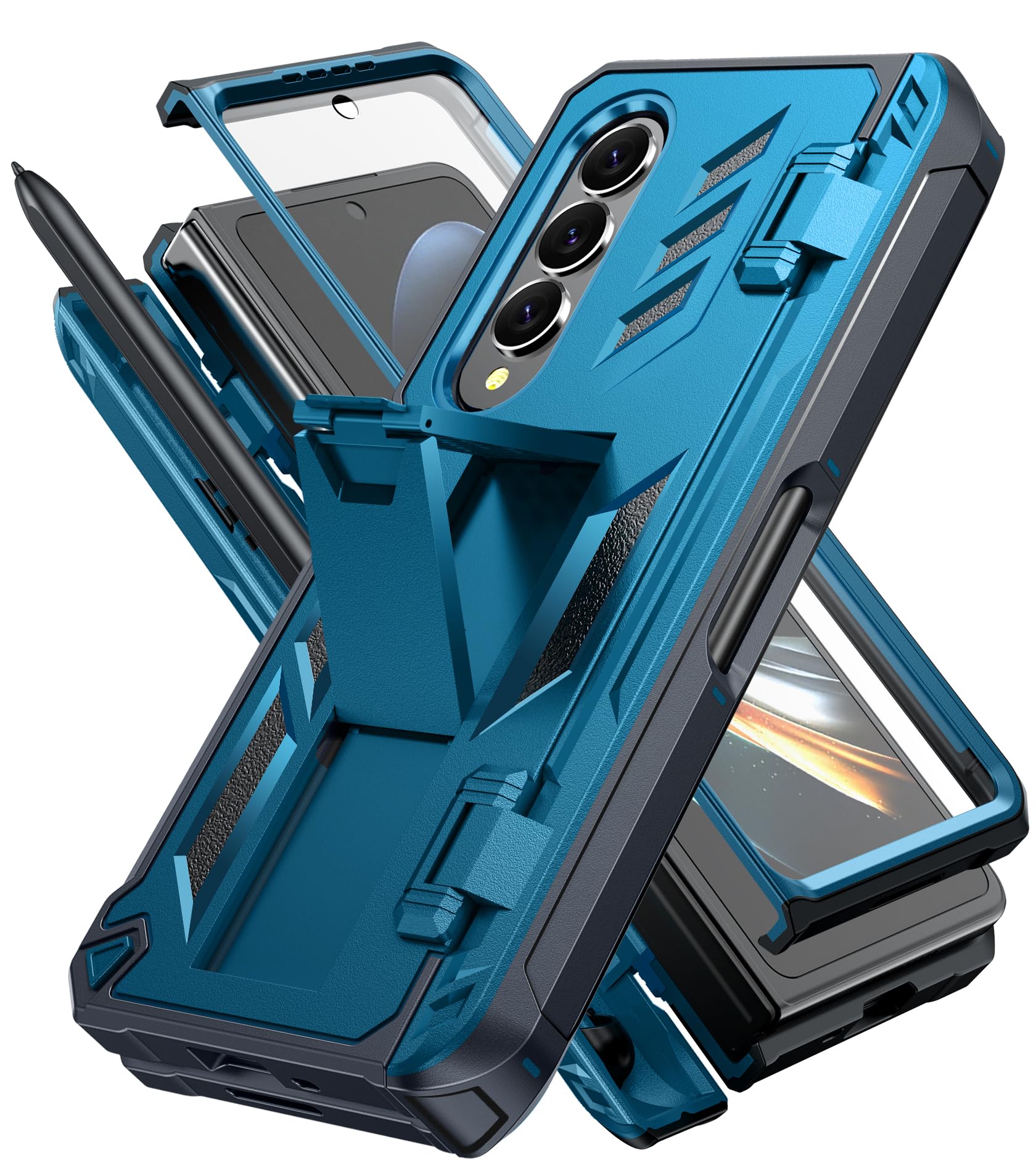 Photo 1 of ZKRO for Samsung Galaxy Z-Fold-4 Case: Military Grade Hinge Protection S-Pen Holder Heavy Duty Shockproof 360 Full-Body Protective Phone Cover with Kickstand for Galaxy ZFold 4 5G 2022 (Blue)