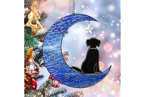 Tivray Black Dog Christmas Ornaments, Gifts for Black Lab Dog Lovers Stained Glass Dog Suncatchers for Window Hanging Black Dog Christmas Decor Dog Memorial Gifts