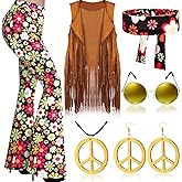 Haull 7 Pcs 60s 70s Disco Hippie Outfits for Women Halloween Costume Set Boho Flared Pants Fringe Vest Peace Sign
