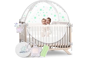 ORIFELAY Baby Crib Tent - Toddler Bed Tent w/White Noise Machine, Wide Zipper Opening - Easy Setup Crib Cover w/Glow in The Dark Stickers & Custom Multi Color Light, Breathable Mesh Cribs Net, White