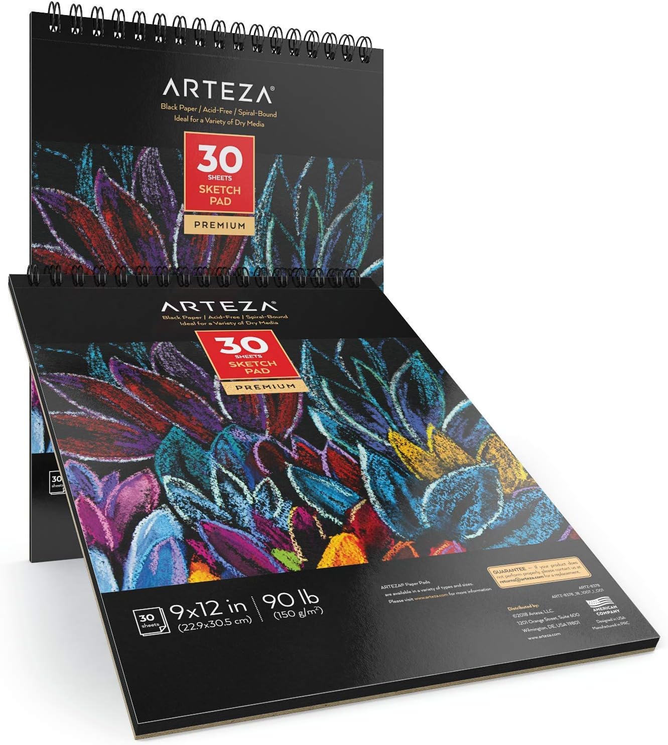 ARTEZA 9X12” Black Sketch Pad, Pack of 2, 60 Sheets (90lb/150gsm), 30 Sheets Each, Spiral-Bound, Heavyweight Paper, Perfect for Graphite & Colored Pencils, Charcoal, Oil Pastels, Gel Pens, Chalk, Ink
