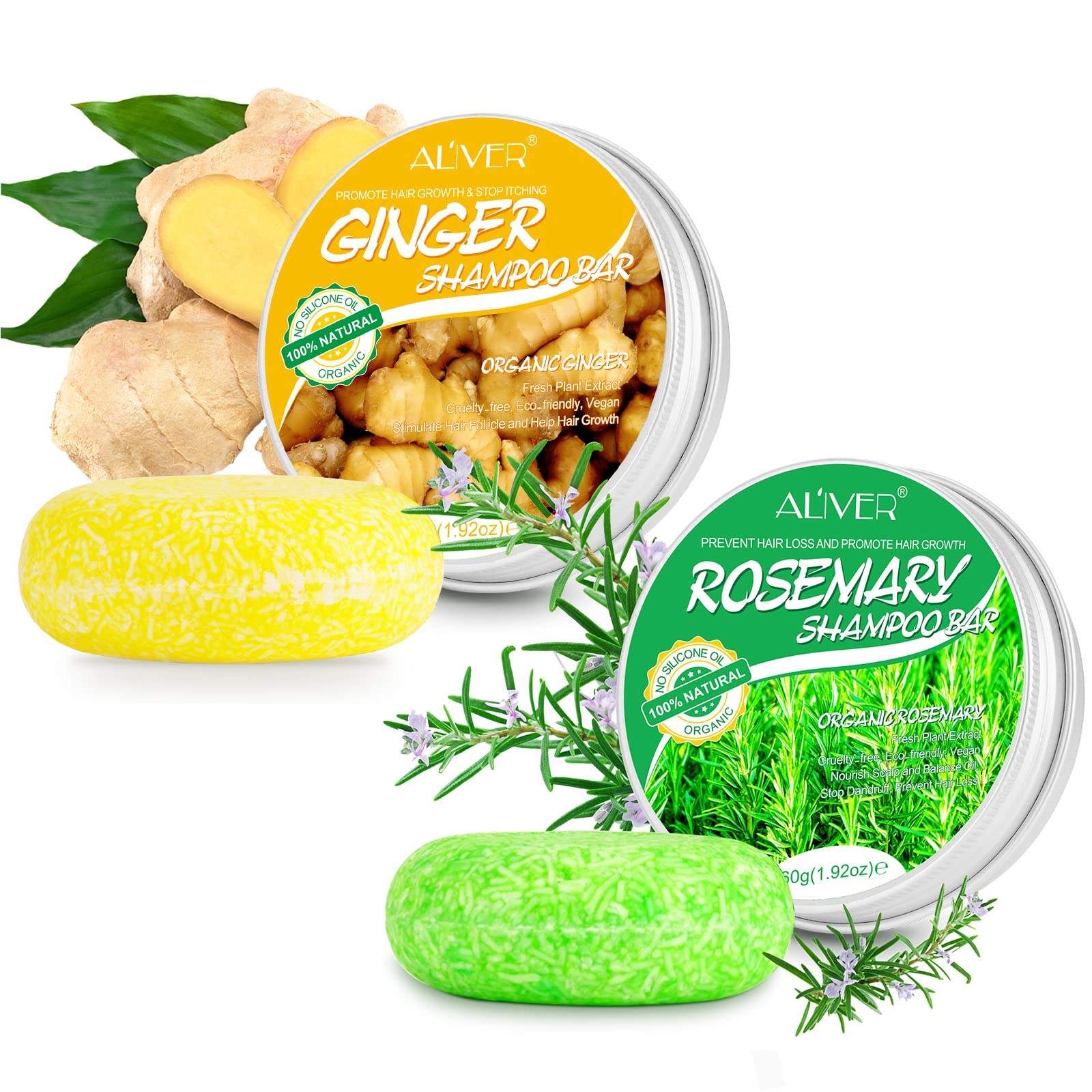 Shampoo Bar Ginger and Rosemary, Organic Ginger and Rosemary Shampoo Bar for Hair Growth, Scalp and Hair Loss Treatment, Anti Dandruff Natural Bars Set, 60g Each