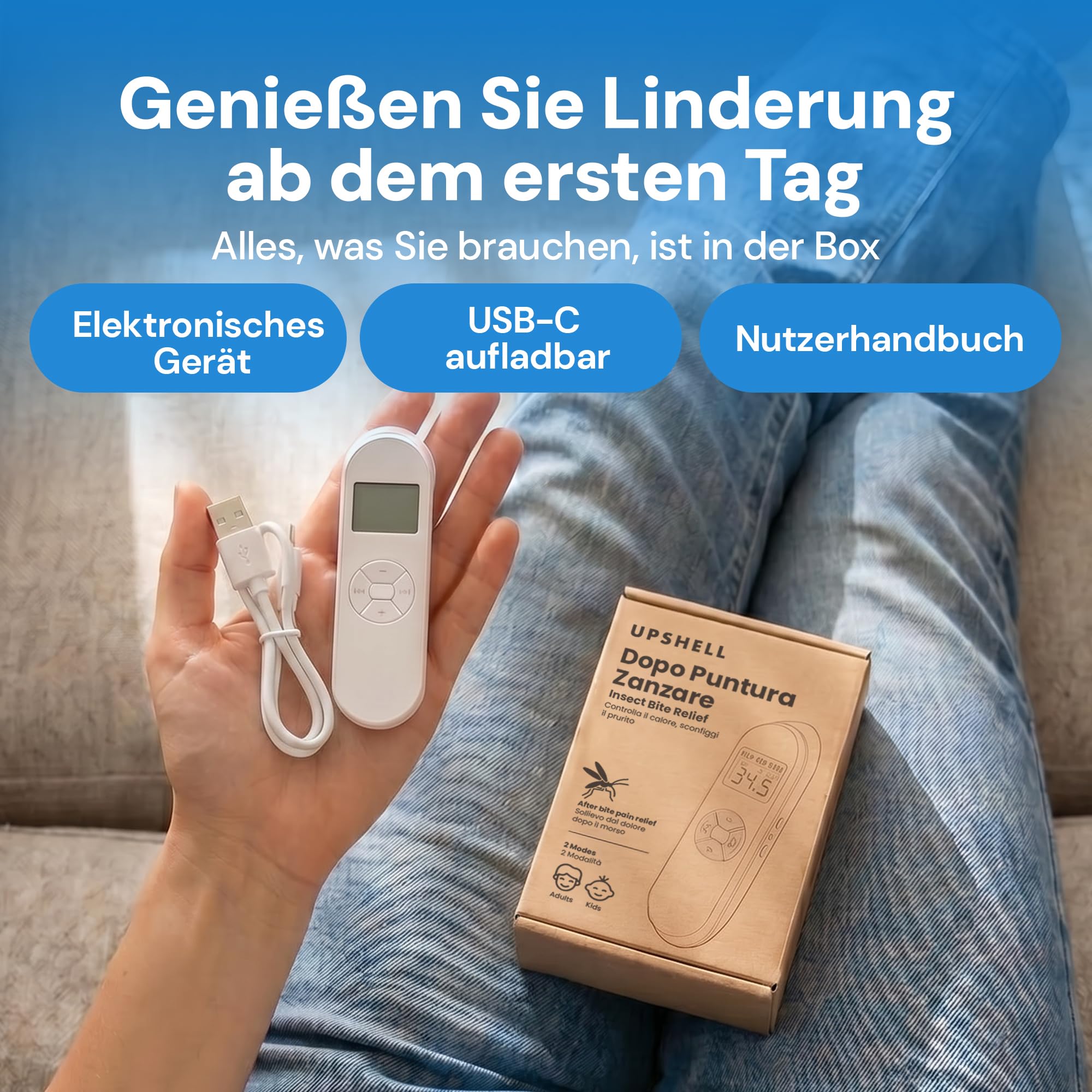 UPSHELL Mückenstich Hitzestift - Elektrischer Insektenstichheiler gegen Mücken- & Insektenstiche, LCD-Display, 30-55°C, USB-C, Kinder & Erwachsene 9