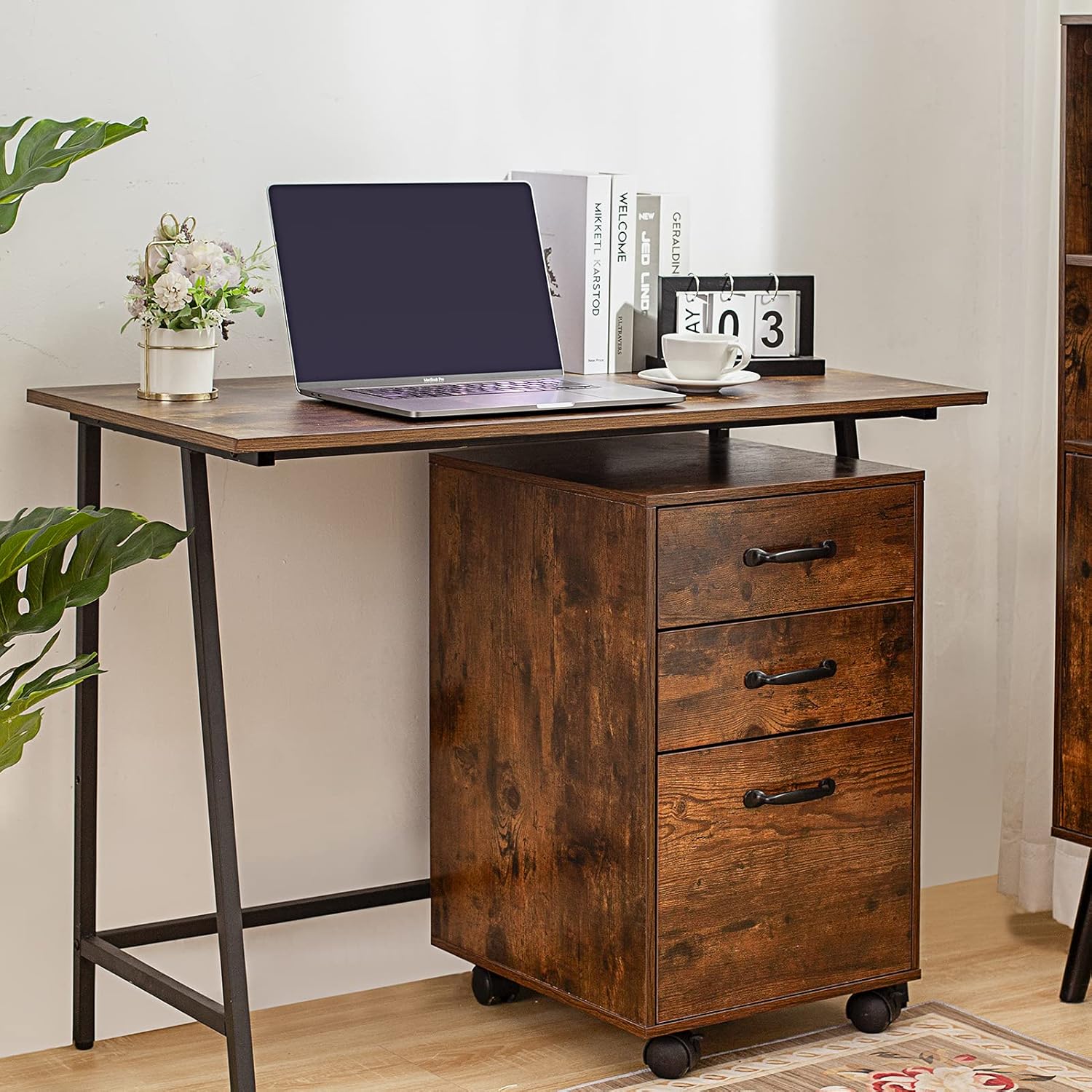 DINZI LVJ Rolling File Cabinet, 3 Drawer File Cabinet on Wheels, Mobile Office Cabinet for A4, Letter Size Files, Hanging File Folders, Under Desk Filing Cabinets for Home Office, Rustic Brown: Kitchen & Dining