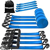 AWELCRAFT Ratchet Straps (4PK) - 3300lbs Breaking Strength 1.5''×10' Heavy Duty Tie Down Straps with Padded Handles, Double J Hooks & Soft Loops for Moving Motorcycle, Trailer & Trucks (Blue)