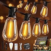 Skoiuc Solar String Lights Outdoor Waterproof with Remote &amp; Timer, LED Shatterproof ST38 Bulbs, USB &amp; Solar Powered Patio Lights for Backyard, Porch, Garden, Wedding, Christmas Decor (25FT)