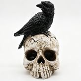 ThriBartLive Raven On Skull Halloween Home Decor - Gothic Crow On Skull Statue, Bird Perching On Skeleton Figurine, Macabre Ossuary Sculpture
