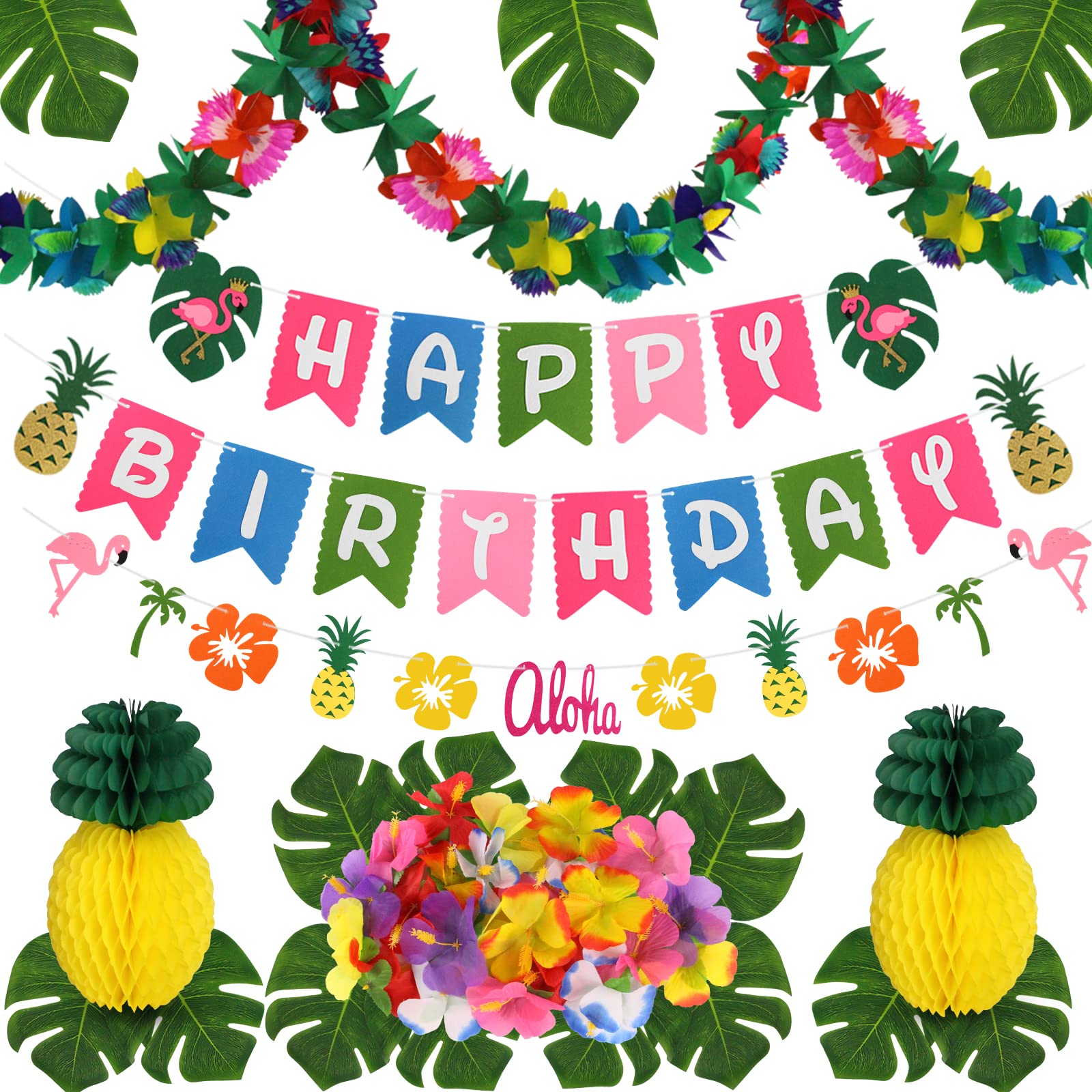 Photo 1 of zilue Hawaiian Party Decorations, Luau Birthday Party Decorations Hawaiian Birthday Banner Palm Leaves Hibiscus Flowers Paper Pineapples Flamingo Tropical Garland for Summer Beach Moana Party Decor